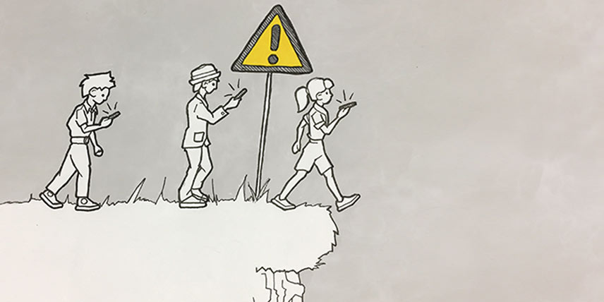 Cartoon illustration of people concentrating on mobile phones walking towards a cliff edge