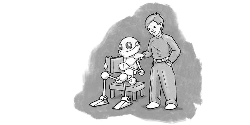 Cartoon illustration of young man watching his robot companion read a book.